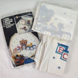 Vintage Baby Crib Sheet & Pillowcase Set for Embroidery Teddy Bear ABC Nursery